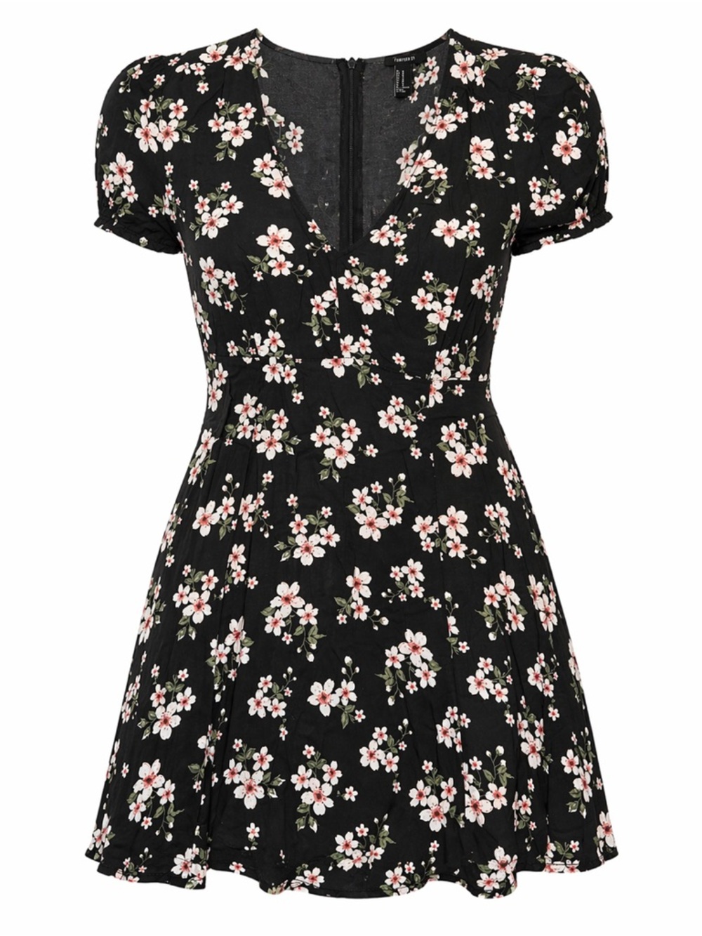 Forever 21‎ Black Floral V-Neck Mini Dress with Pink Flowers